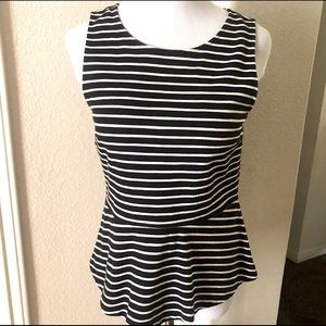 J Crew Peplum Top Stretch Striped Gold Exposed Zipper XS Fitted Black White Zip